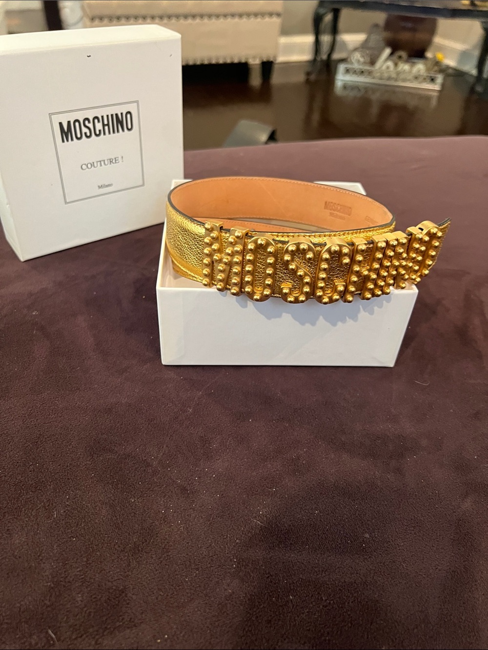RARE!! Moschino Gold Studded Logo Leather Belt